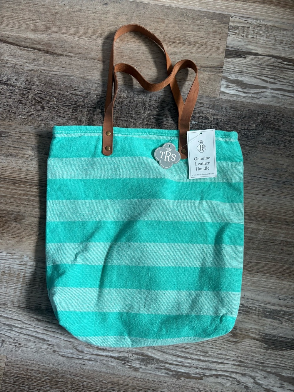 Striped Turquoise Canvas Tote with Leather Handles